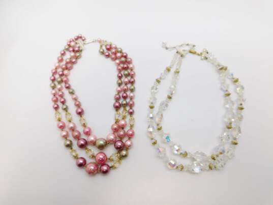 Vintage Pink & Icy Aurora Borealis Beaded Gold Tone Accent Multi Strand Necklaces 114.4g image number 1