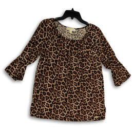 Womens Brown Black Leopard Print 3/4 Bell Sleeve Pullover Blouse Top Size M