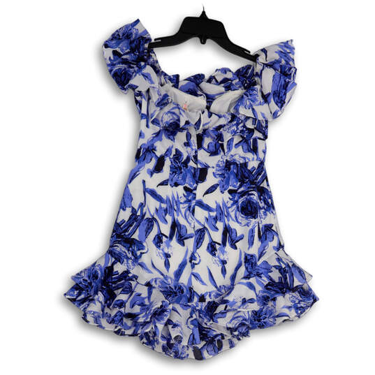 Womens Blue White Floral Ruffled Neck Cap Sleeve Mini Dress Size Small image number 2
