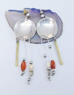 Signed S Sylvia Youell Navajo 925 & Brass Modernist Carnelian MOP Shell & Ball Beaded Dangles Etched Disc Drop Post Earrings 13.5g alternative image