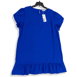 NWT Womens Blue Round Neck Short Sleeve Ruffle Hem Mini Dress Size XXL