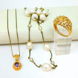 Artisan 925 Vermeil Amethyst Pendant & Pearl CZ Necklaces & Diamond Accent Ring