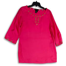 Womens Pink Eyelet 3/4 Sleeve Keyhole Neck Side Slit Tunic Top Size L