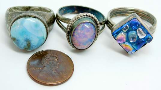 Artisan 925 Sterling Silver Roman & Foiled Glass & Larimar Variety Rings 22.2g image number 6