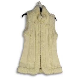 Womens White Faux Fur Sleeveless Open Front Sweater Vest Size Small