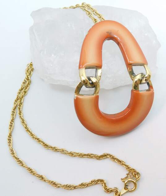 Vintage Crown Trifari Coral Enamel & Gold Tone Pendant Necklace 24.5g image number 1