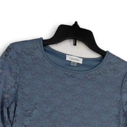 Womens Blue Floral Lace Long Sleeve Round Neck Pullover Blouse Top Size S