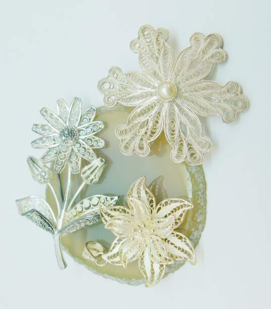 Vintage Germany 925 Spun Silver Filigree Flower Pendant & Brooch & Faux Pearl Snowflake Pendant Brooch 19.2g image number 1
