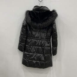 Womens Black Long Sleeve Pockets Full-Zip Hooded Fur Puffer Jacket Size S alternative image