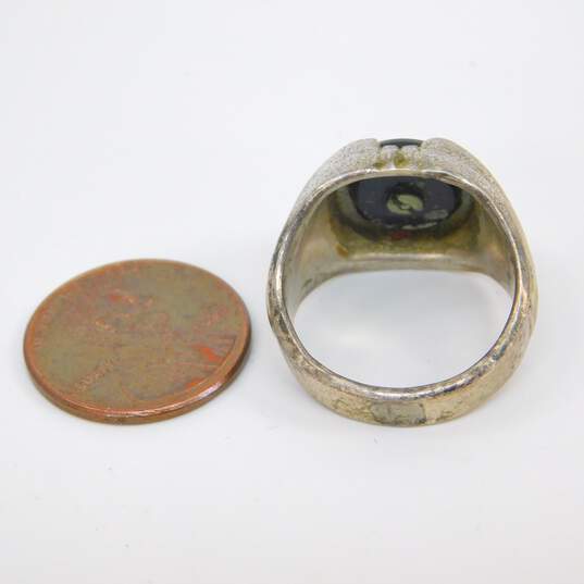 Vintage 925 Onyx G Monogram Initial Lattice Textured Ring & Enamel Four Leaf Clover Square Pin 11.6g image number 6