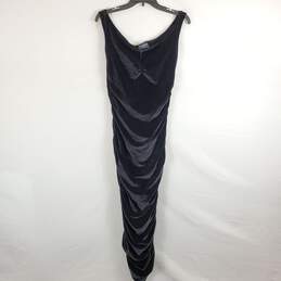 Ario Collection Black Velvet Rouched Pleated Midi Slim Dress Sz M NWT