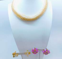 Vintage Vendome Baar & Beards & Fashion Icy Gold Tone Clip-On Earrings & Faux Pearl Collar Necklace 95.5g