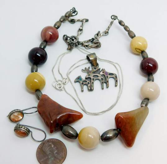 Rustic 925 Agate & Mookaite Oval Beaded & Moose Family Pendant Necklaces & Sunstone Cabochon Dotted Drop Earrings 68g image number 6