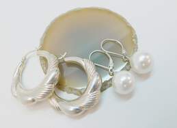 Vintage & Artisan 925 Faux Pearl Drop & Puffed Ridged Hoop Earrings & Pearls & Abstract Leaves Brooch 20.2g alternative image