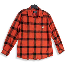 Mens Red Plaid Loose Fit Long Sleeve Flannel Button-Up Shirt Size Large