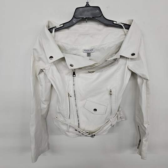Fashion Nova White Off Shoulder Faux Leather Moto Jacket image number 1