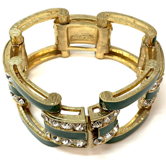 Designer J. Crew Gold-Tone Green Enamel Rhinestone Wide Bangle Bracelet image number 2