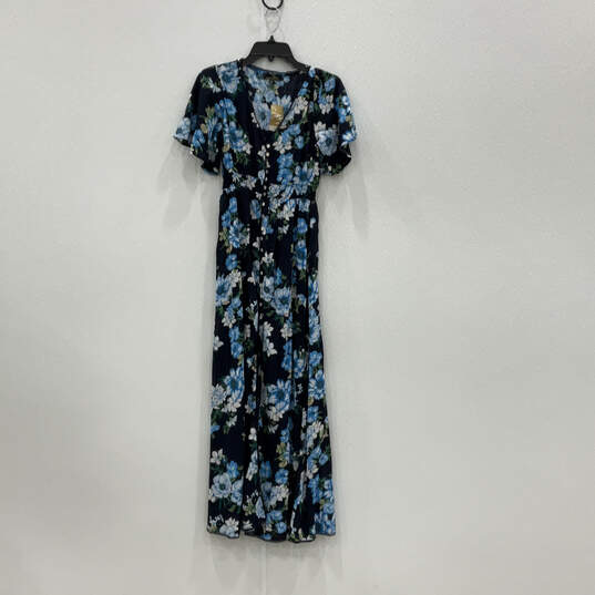 NWT Womens Blue Floral Short Sleeve V Neck Button Front Maxi Dress Size S image number 1