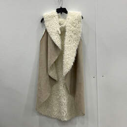 Womens Beige Sleeveless Fur Trim Open Front Cardigan Vest One Size
