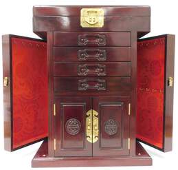 Asian Inspired Wood Jewelry Box Chest Wood Finish w/ Cabinet Doors + Drawers alternative image