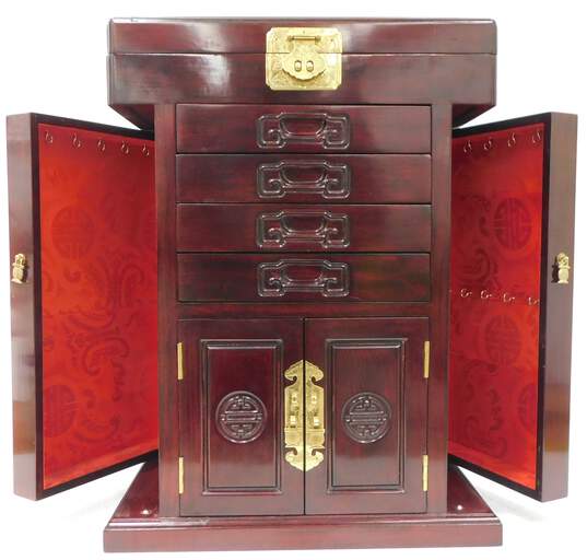 Asian Inspired Wood Jewelry Box Chest Wood Finish w/ Cabinet Doors + Drawers image number 2
