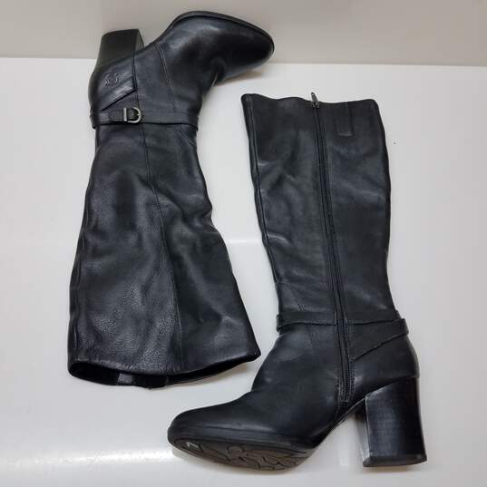 Black leather knee high heeled riding boots women's 7 image number 3