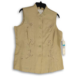 NWT Womens Beige Sleeveless Pockets Embroidered Linen Vest Size Large