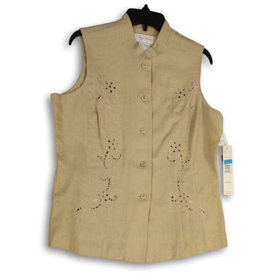 NWT Womens Beige Sleeveless Pockets Embroidered Linen Vest Size Large image number 1