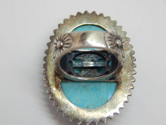 AKR Amy Kahn Russell 925 Turquoise Carved Flowers Granulated Oval Floral Band Statement Ring 16.2g image number 4