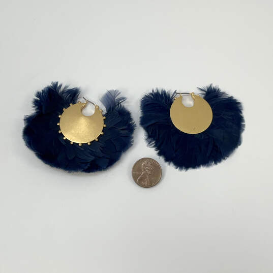 Designer Kate Spade Gold-Tone Blue Feather Fashion Post Back Hoop Earrings image number 2
