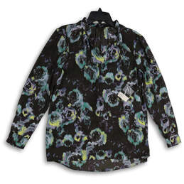 NWT Womens Black Blue Floral V Neck Long Sleeve Pullover Blouse Top Size M
