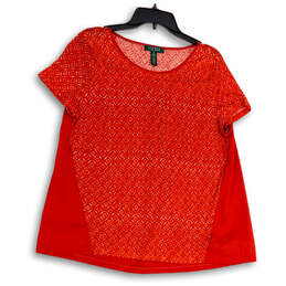 Womens Red Batik Short Sleeve Round Neck Pullover Blouse Top Size PL