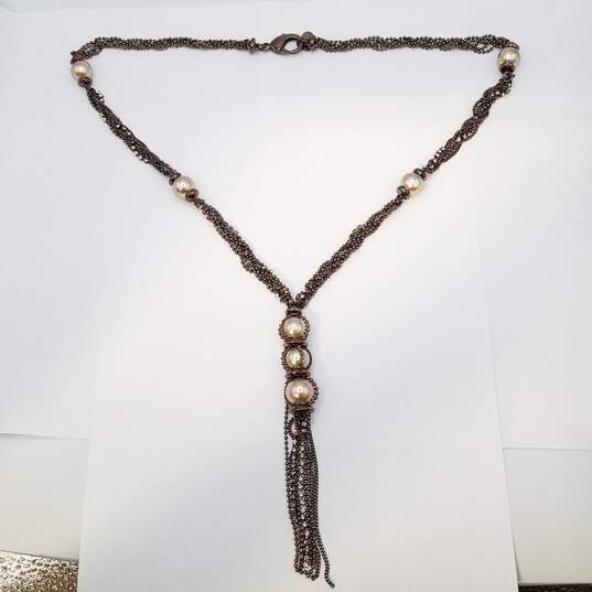 Givenchy Braze Tone Faux Pearl & Crystal Braided Bead 27.5 Chain Necklace 97.6g image number 3