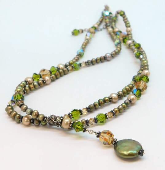 Artisan 925 Green Coin & Crystal Pearl Beaded Double Strand & Yellow Quartz Teardrops Chain Necklace & Matching Drop Earrings 48.7g image number 3