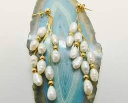 14K Gold White Freshwater Pearls & Ball Beaded Cobra Chains Drop Post Earrings 4.9g