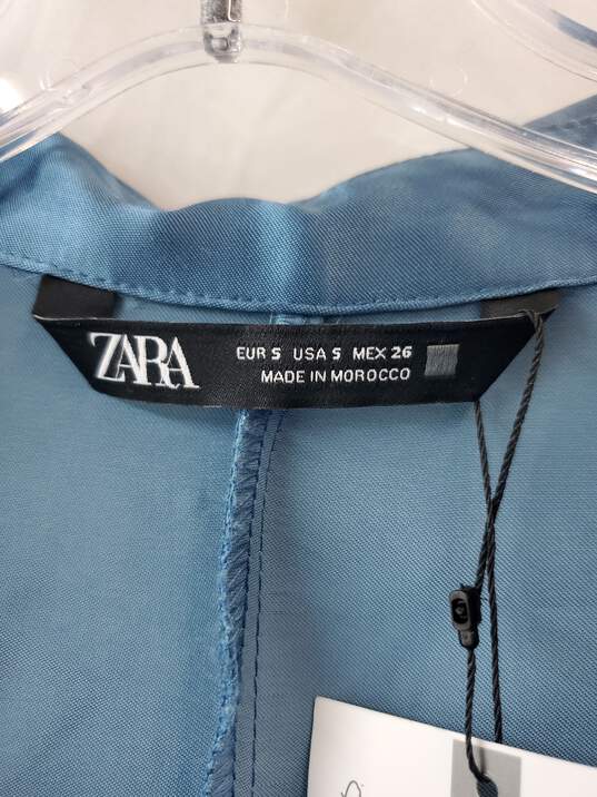 Zara Blue Satin Button Down Long Collared Shirt Dress Size S image number 3