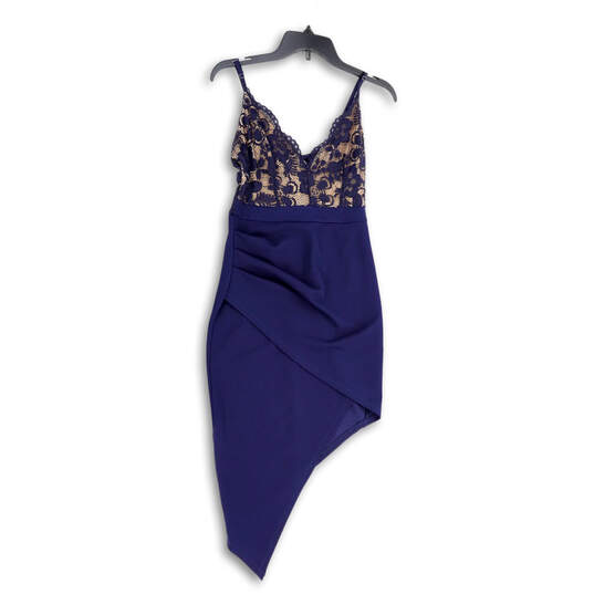 Womens Blue V-Neck Lace Spaghetti Strap Asymmetric Hem Bodycon Dress Size S image number 1