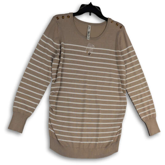 Womens Tan Striped Round Neck Long Sleeve Pullover Sweater Size X-Large image number 1