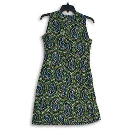 NWT Womens Multicolor Blue Green Paisley Sleeveless Round Neck Shift Dress Sz 4 alternative image