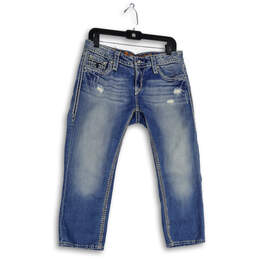 Womens Blue Denim Medium Wash 5-Pocket Design Distressed Capri Jeans Sz 29