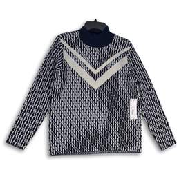 NWT Liz Claiborne Womens Blue White Geometric Mock Neck Pullover Sweater Size M