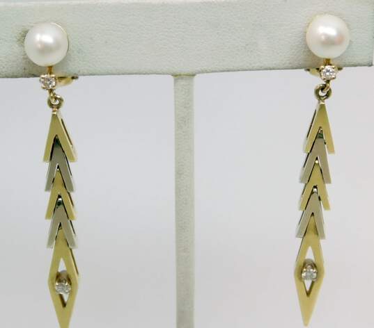 Elegant 14K Two Tone Gold Pearl 0.28 CTTW Diamond Chevron Dangle Omega Clip Earrings 12.3g image number 1