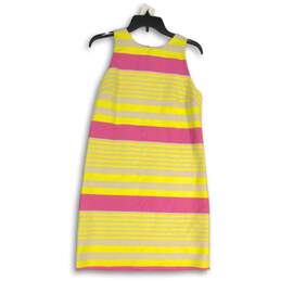LOFT Womens Pink Yellow Striped Sleeveless Back Zip Round Neck Sheath Dress Sz 4
