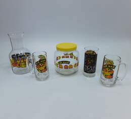 Vntg Pac Man Jar w/ Lid & Mugs Cup Drinking Glasses w/ Carafe Pitcher