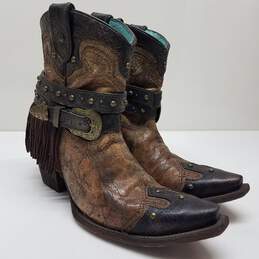 Vintage Corral Western Fringe Studded Metallic Cognac Ankle Boot Size 8