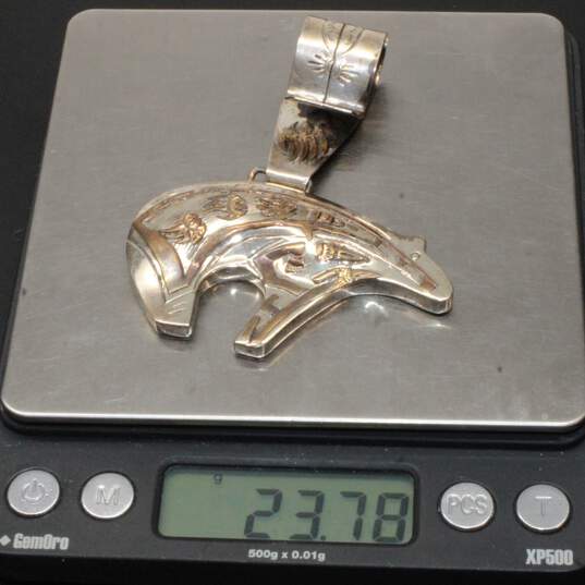 Artisan Signed Sterling Silver Copper Accent Bear Pendant - 23.78g image number 3