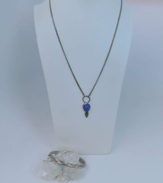 Artisan 925 Textured Glass Pendant Necklace & Twisted Bangle Bracelet 30.1g image number 1