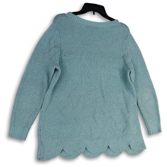 Womens Blue Knitted Long Sleeve Scalloped Hem Pullover Sweater Size 14/16 image number 2