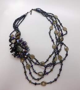 Artisan 925 Labradorite Amethyst Coin Pearls Agate Angelite & Onyx Floral Cluster Pendant Multi Strand Statement Necklace 433.7g