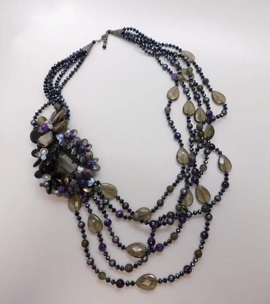 Artisan 925 Labradorite Amethyst Coin Pearls Agate Angelite & Onyx Floral Cluster Pendant Multi Strand Statement Necklace 433.7g image number 1